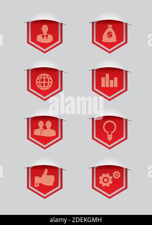 Set of eight vector illustration of red ribbon award banner with conceptual symbols for business isolated on grey background. Stock Vector