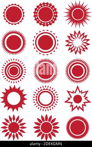 Different designs of sun symbol in red. Vector icon set isolated on white background. Stock Vector