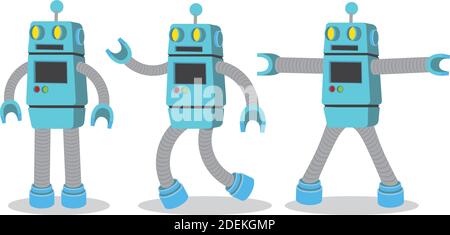 Creative cartoon vector illustration of blue robot on white background. A set of three robots with different posed. Stock Vector