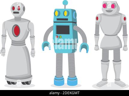 Set of three vector robots in cartoon style. Modern industrial technology. Isolated vector robots in a white background. Stock Vector