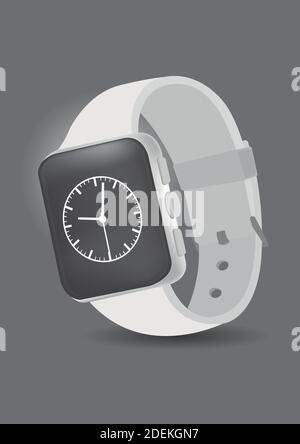 Vector illustration of a white smart watch with a clock interface application isolated on a grey background. Stock Vector