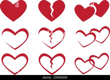 Collection of hearts and broken hearts icon. Flat isolated vector illustration. Stock Vector