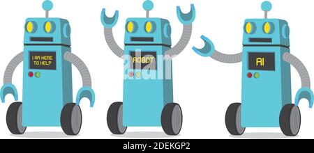 Creative cartoon vector illustration of blue robot on white background. A set of three robots with different posed. Stock Vector