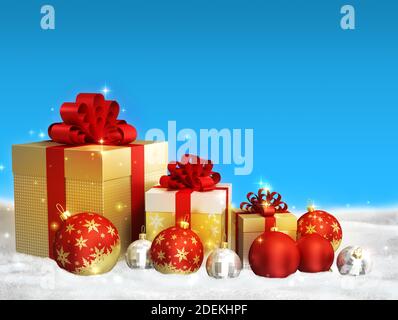 Merry christmas theme - red christmas balls, golden gift boxes with bows on blue background and free space for text. New year colorful greeting backgr Stock Photo
