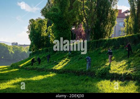 group of people scything the grass on a hump. lawn mowing in an old-school way on a sunny morning in springtime. location kyiv embankment in uzhgorod Stock Photo