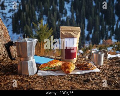 Outdoor Still Life Coffee Pot Cup Croissants Winter Make Coffee