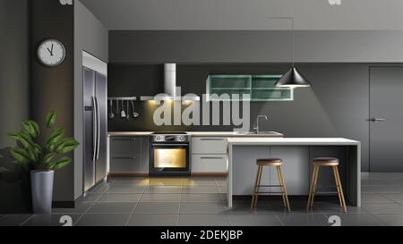 Vector modern realistic kitchen interior with utensils, oven with light, cabinets and shelves with bar stools and bar table. Illustration isolated on Stock Vector