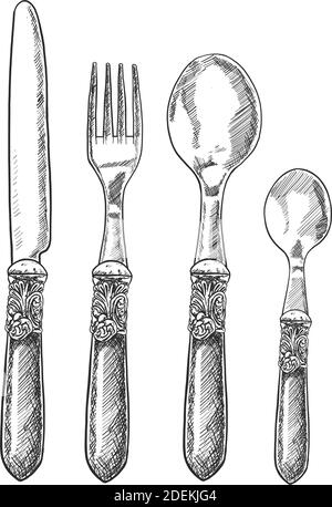Vector hand drawn vintage cutlery set with table knife, fork, table spoon and tea spoon digital design elements for your logo, advertisement, menu, ca Stock Vector