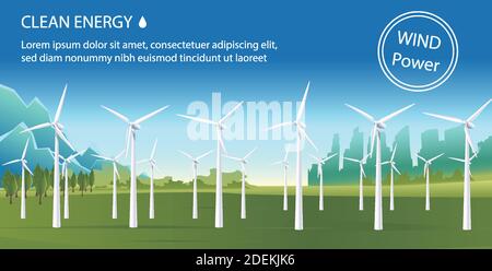 Vector illustration in flat style of wind power with wind turbines on a green scenery. Wind power eco energy industrial concept. Clean energy. Stock Vector