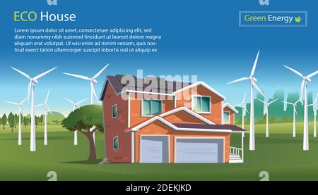 Vector illustration in flat style of a eco house with solar panels on the roof, wind power with wind turbines on a green scenery. Wind power eco energ Stock Vector