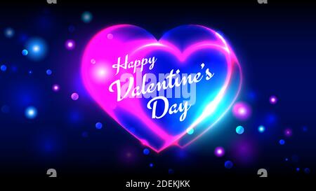 Happy valentines day vector greeting cards, bright multi-colored neon heart shape on dark bokeh background Stock Vector