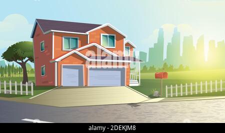 Summer cartoon vector illustration of modern cottage house among trees in the green countryside field outside of the town. Stock Vector