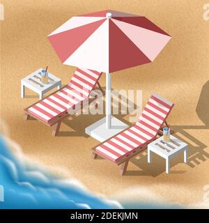 Vector isometric summer illustration. Two sunbeds with umbrella on the sand beach with a sea. Stock Vector