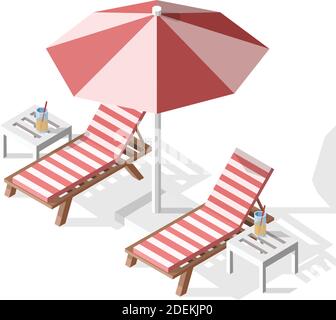 Vector isolated isometric summer illustration of two sunbeds with umbrella, tables and cocktails. Stock Vector