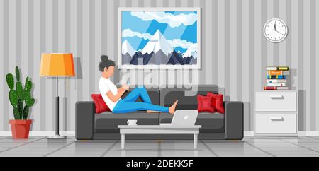 Interior of modern living room. Freelancer on sofa working at home with smartphone. Woman chilling on couch. Hipster character in jeans and t-shirt. Flat vector illustration Stock Vector