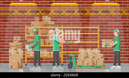 Warehouse shelves with goods, mover and container package boxes. Pile cardboard boxes set. Carton delivery packaging open and closed box with fragile signs. Vector illustration in flat style Stock Vector