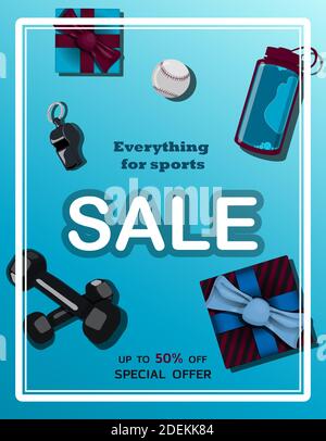 Top view of a wooden table with sports equipment. Sale and discount everything for sport. Sports fan table with dumbbells, water bottle, baseball, whistle, fruit, sports newspaper. Brutal bright illustration for a men s postcard, banner, website or ad. Vector illustration in flat style. Stock Vector