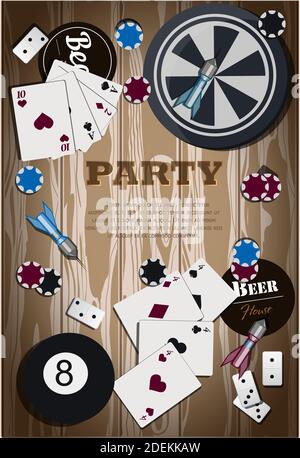 Top view of a wooden table with items for gambling and sports games. Party with playing Darts, bowling, cards, poker, dominoes, casino chips. The card for party with presents. Greeting card for father s day, international men s day. Brutal bright illustration for men s banner, website or advertising. Vector illustration in flat style. Stock Vector