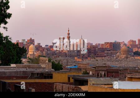 Old part of Cairo, capital of Egypt, panorama of the dead city or city of the dead. Necropolis and old cemetery where they live alive with the dead. Stock Photo