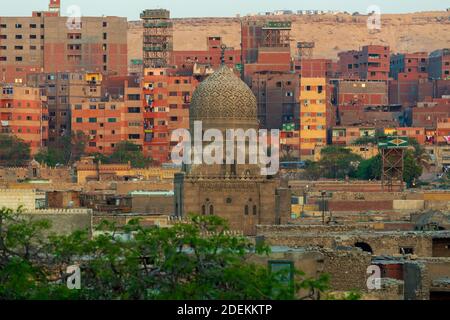 Old part of Cairo, capital of Egypt, panorama of the dead city or city of the dead. Necropolis and old cemetery where they live alive with the dead. Stock Photo