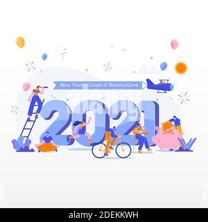 Happy new year 2021. Goals and resolutions 2021 concept illustration. tiny people having fun with their goals in 2021 Stock Vector