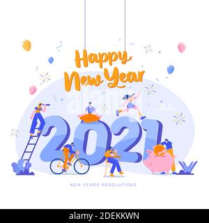 Happy new year 2021. Goals and resolutions 2021 concept illustration. tiny people having fun with their goals in 2021 Stock Vector