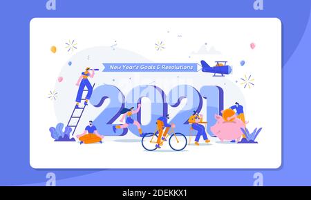 Happy new year 2021. Goals and resolutions 2021 concept illustration. tiny people having fun with their goals in 2021 Stock Vector