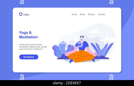 Yoga landing page. Man Meditating in Lotus Pose, Outdoors Yoga, Healthy Lifestyle, Relaxation Emotional Balance Stock Vector