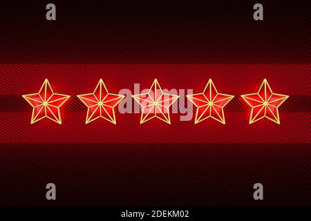 3d illustration a five christmas decorative  stars  on the row  on red dark background. Attributes of Christmas and New Year. Stock Photo