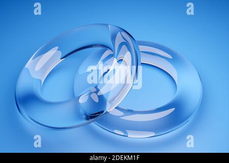 3D illustration of  transparent wedding rings on a blue background. Geometric shapes in the form of a ring in the symbol of infinity. Symbol of love a Stock Photo