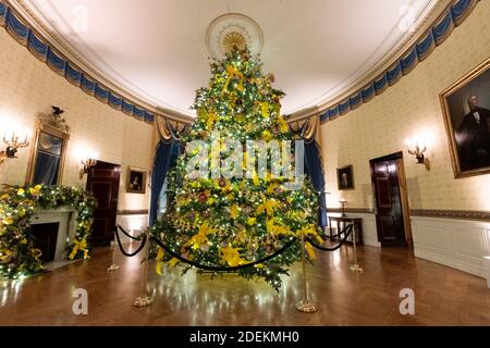 Washington, United States Of America. 29th Nov, 2020. The Blue Room of the White House is decorated for the Christmas season Sunday, Nov. 29, 2020. People: FIRST LADY MELANIA TRUMP Credit: Storms Media Group/Alamy Live News Stock Photo
