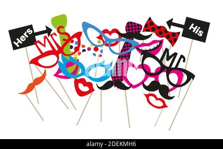 Colorful photo booth party prop set vector illustration on a white background. Stock Vector