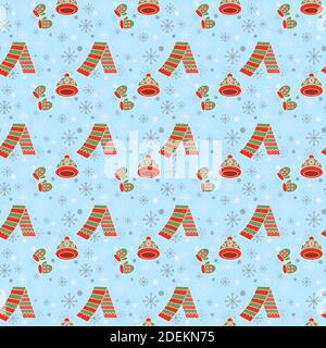 Cute winter clothes mittens, scarf, hat on light blue background Stock Vector