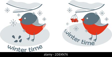 Set of two winter compositions with red birds bullfinch at snow Stock Vector