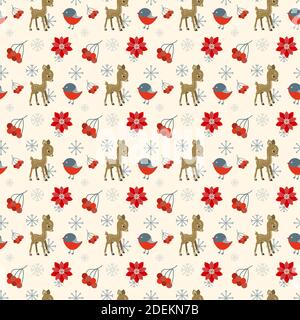 Winter seamless pattern with little deer and red bird bullfinch Stock Vector