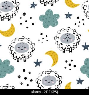 Cute sheep nursery seamless pattern with clouds, stars, moon and abstract dots isolated on white background. Scandinavian style vector illustration fo Stock Vector