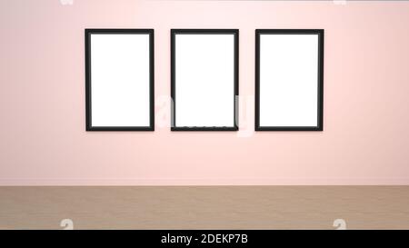 Mockup of three empty photo frames on light wall - illustration Stock Photo