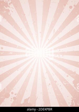 Sunlight retro narrow faded grunge background. pink color burst background. Vector vertical illustration. Sun beam ray background. Old speckled paper Stock Vector