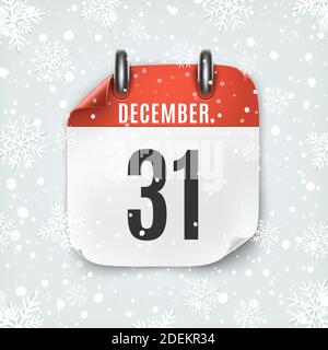 December 31 calendar icon on winter background with snow and snowflakes. Stock Vector