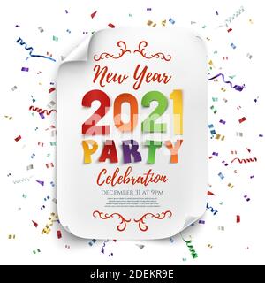 New Year 2021 party poster template with confetti and colorful ribbons. Stock Vector