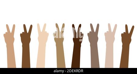 peace raised hands in different skin colors isolated on white vector illustration EPS10