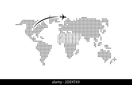 Travelling illustration. World map with airplane. Journey, travel, trip, tourist. Vector on isolated white background. EPS 10. Stock Vector