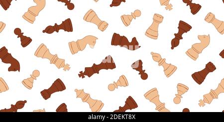 Wooden Chess set pieces seamless pattern. Vector illustration background for surface, t shirt design, print, poster, icon, web, graphic designs. Stock Vector