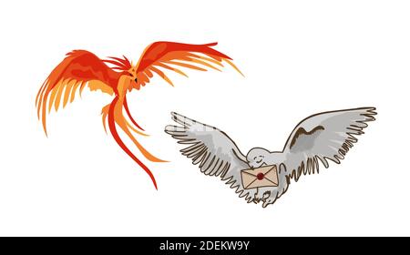 Beautiful cartoon set with colorful owl on light background. Drawing style. Vintage print. Cartoon style. Stock Vector