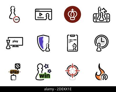 Set of black vector icons, isolated against white background. Illustration on a theme Chess game Stock Vector