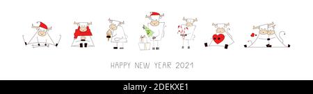 Merry Christmas and happy New Year 2021. Horizontal banner, poster, card. Set of vector illustrations in cartoon style isolated on white. Collection o Stock Vector
