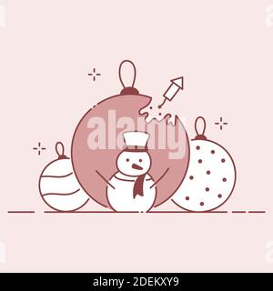 Happy snowman and decorations winter holiday composition. Christmas or new year flat illustration. Stock Vector