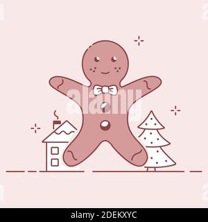 Happy gingerbread, house and fir tree winter holiday composition. Christmas or new year flat illustration. Stock Vector