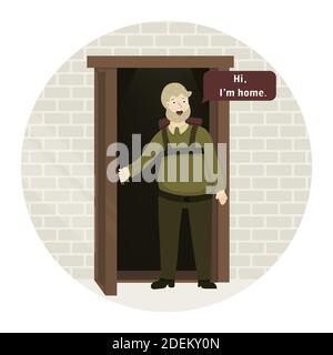 A man stands in the doorway and says Hi, I m home. The guy came home. Vector illustration in cartoon style Stock Vector