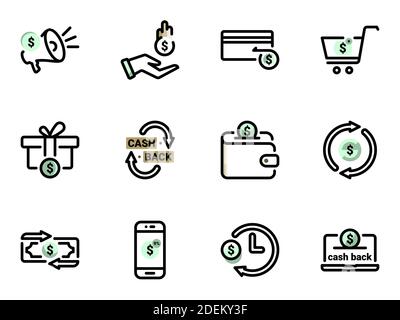 Set of black vector icons, isolated against white background. Illustration on a theme cashback, gift, discount, free Stock Vector